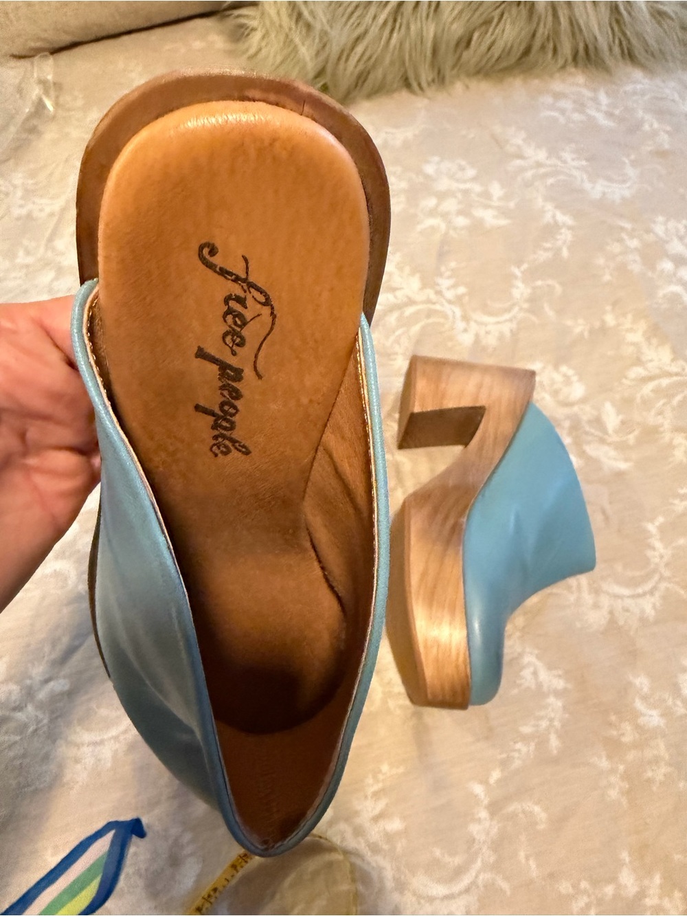 Free People Sky Blue Leather Slide Clogs with Wooden Block Heel, Size 39 - Picture 7 of 11